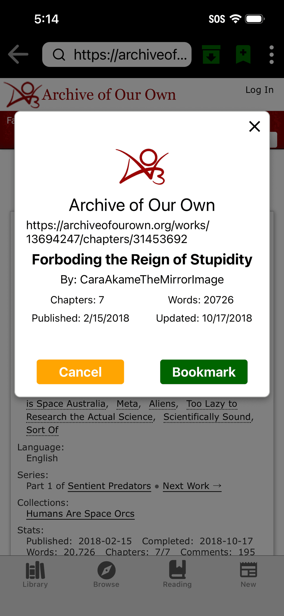 FoundFic bookmark confirmation modal in the app.